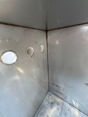 A stainless steel pool shell — the fittings are welded in